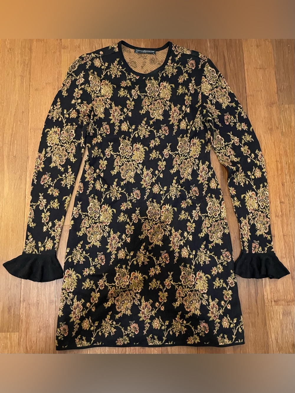 Peruvian Connection Dress Gold Black Sheath M Pima Cotton XLong Sleeves